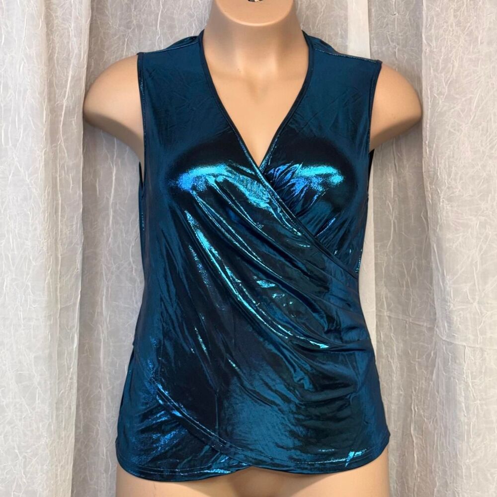 Allegra K Metallic Blue Wrap Top Women’s XL Sleeveless V-Neck NWT
